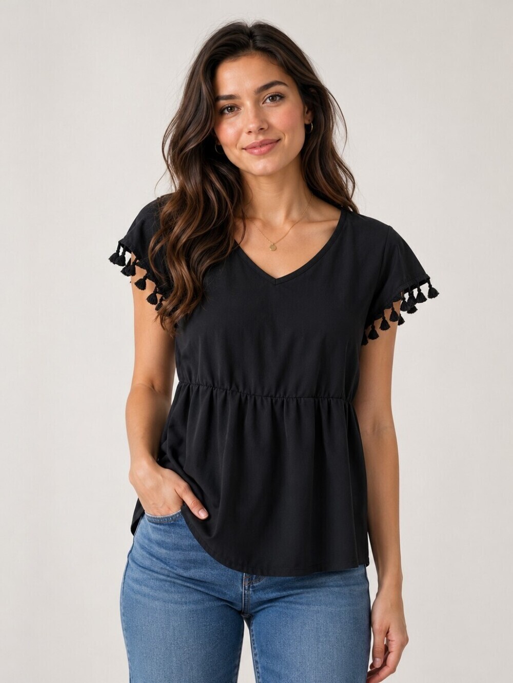 Black Tassel Sleeve Peplum Blouse Top – 4XL
